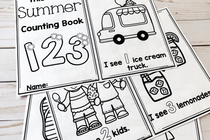 Black and white pages of the counting emergent reader. Students read the sentence, count the objects in the picture, and color.