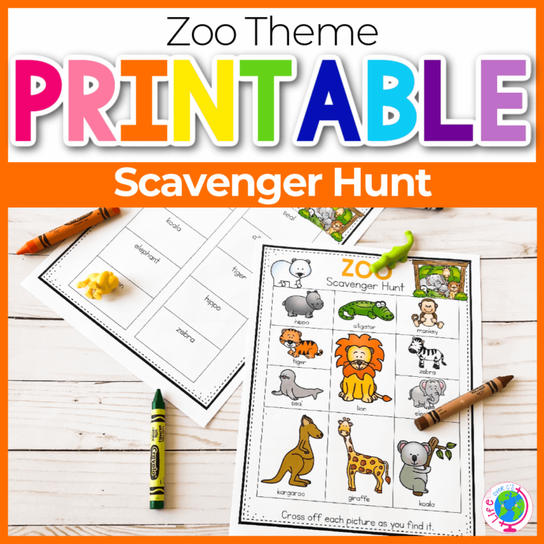 Zoo theme printable scavenger hunt sheet with lion, giraffe, kangaroo, koala and crocodile pictures beside crayons and a word version for preschool zoo trips.