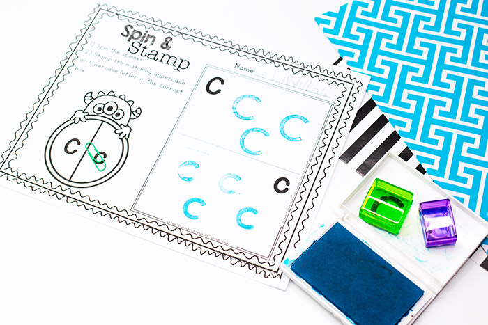Spin and stamp uppercase and lowercase preschool and kindergarten literacy worksheets