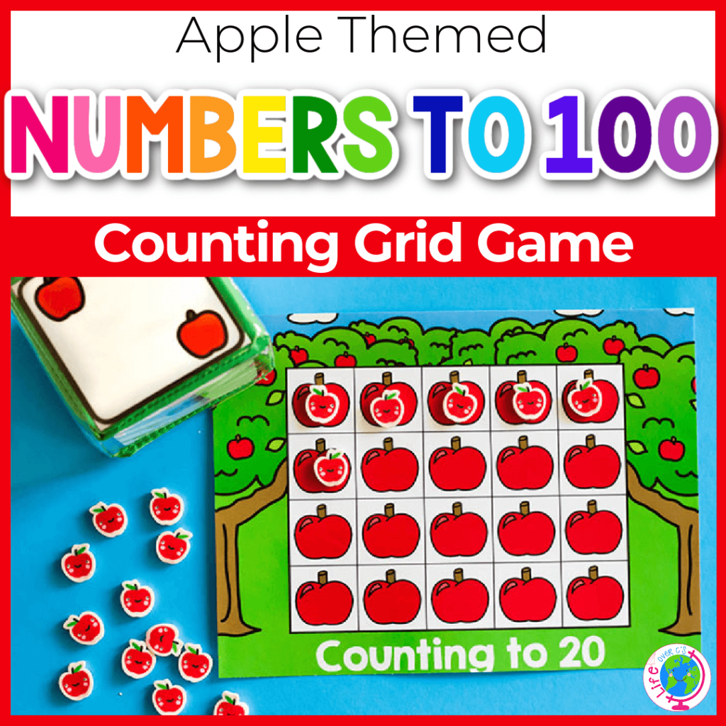 Numbers to 100 counting grid game for kindergarten with apple theme.
