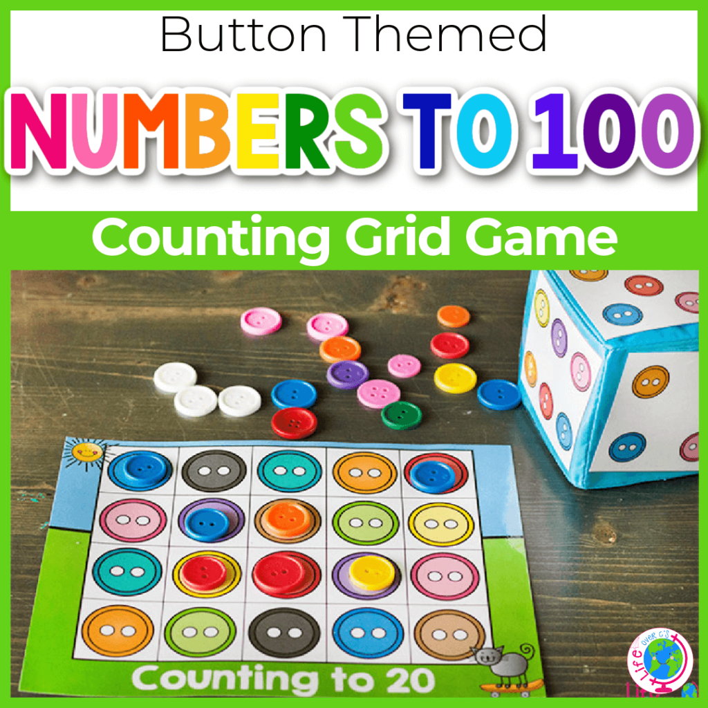 Numbers to 100 counting grid game for kindergarten with button theme