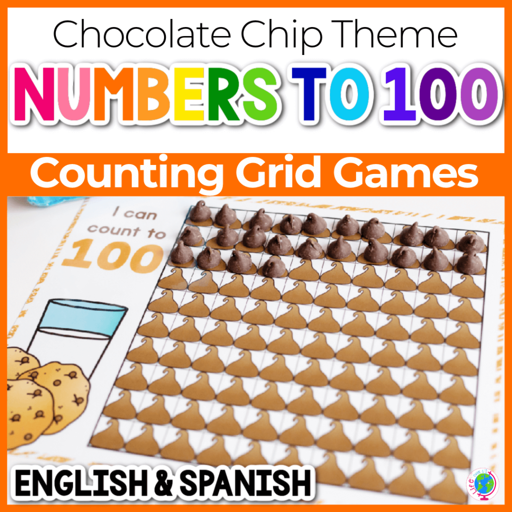 English and Spanish numbers to 100 counting grid game for kindergarten with chocolate chip theme.