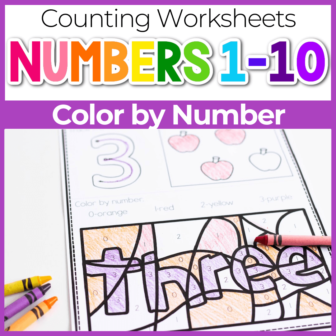 Color by number worksheets to practice numbers 1-10.