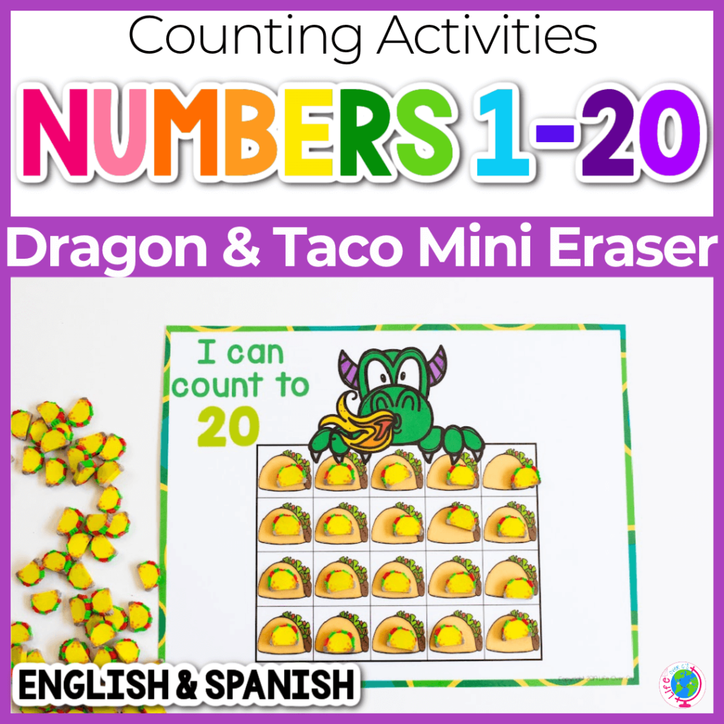 English and Spanish numbers to 20 counting grid game for kindergarten with dragons love tacos theme.