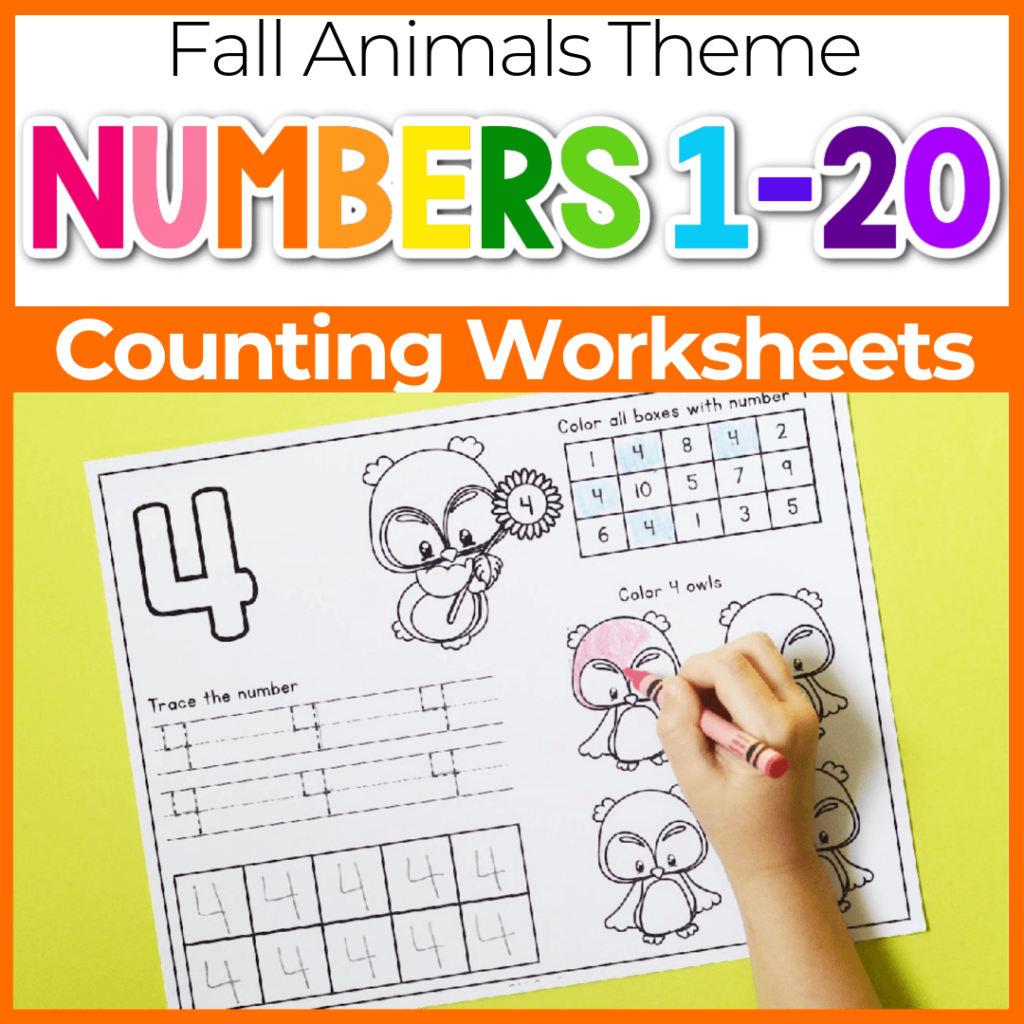 Fall number counting worksheets with numbers 1-20