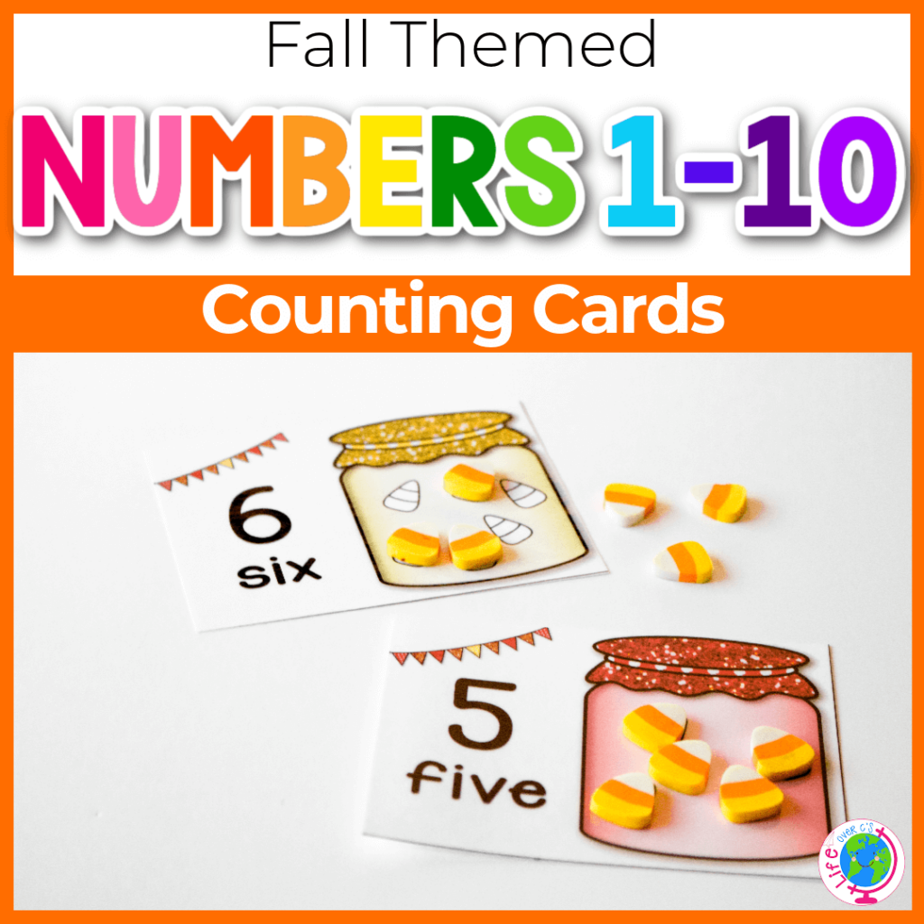 Fall-themed counting cards for numbers 1-10 for preschool and kindergarten