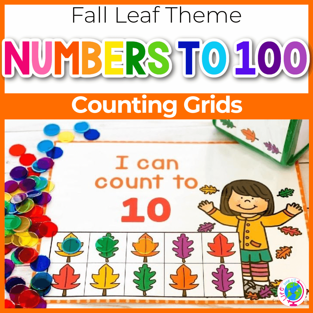 Numbers to 100 counting game for kindergarten with fall leaves theme.