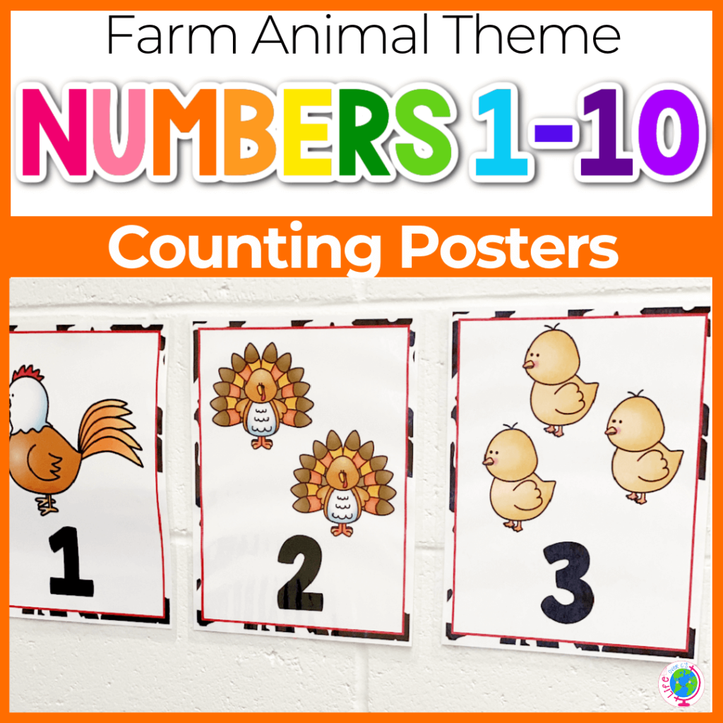Farm animal themed counting posters for numbers 1-10
