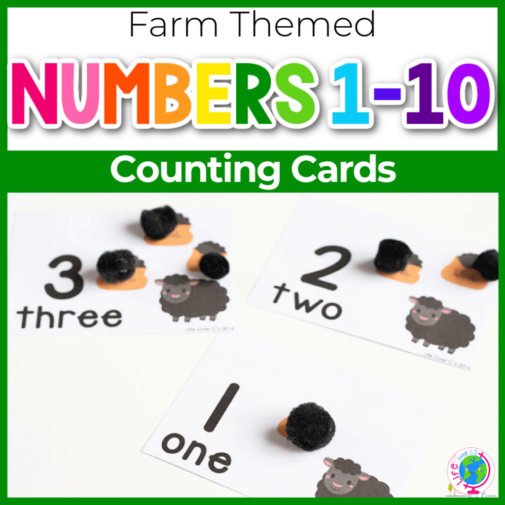 Farm themed counting cards for numbers 1-10 for preschool and kindergarten