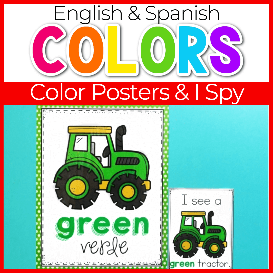 Farm theme posters with color words in English and Spanish.