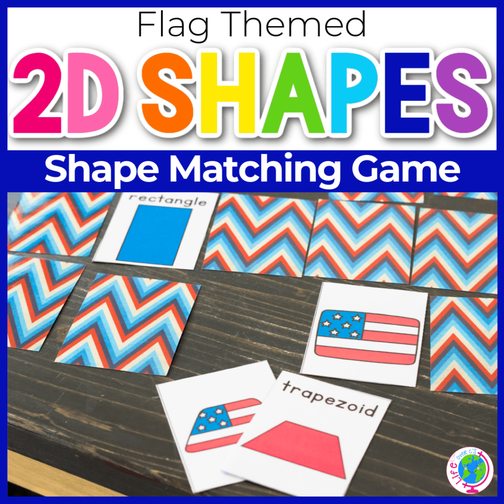 2D shape flag theme matching game for preschool or kindergarten.