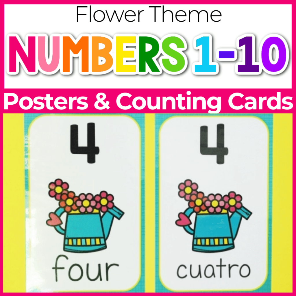 Number posters 1-10 for preschool and kindergarten with spring flower theme.