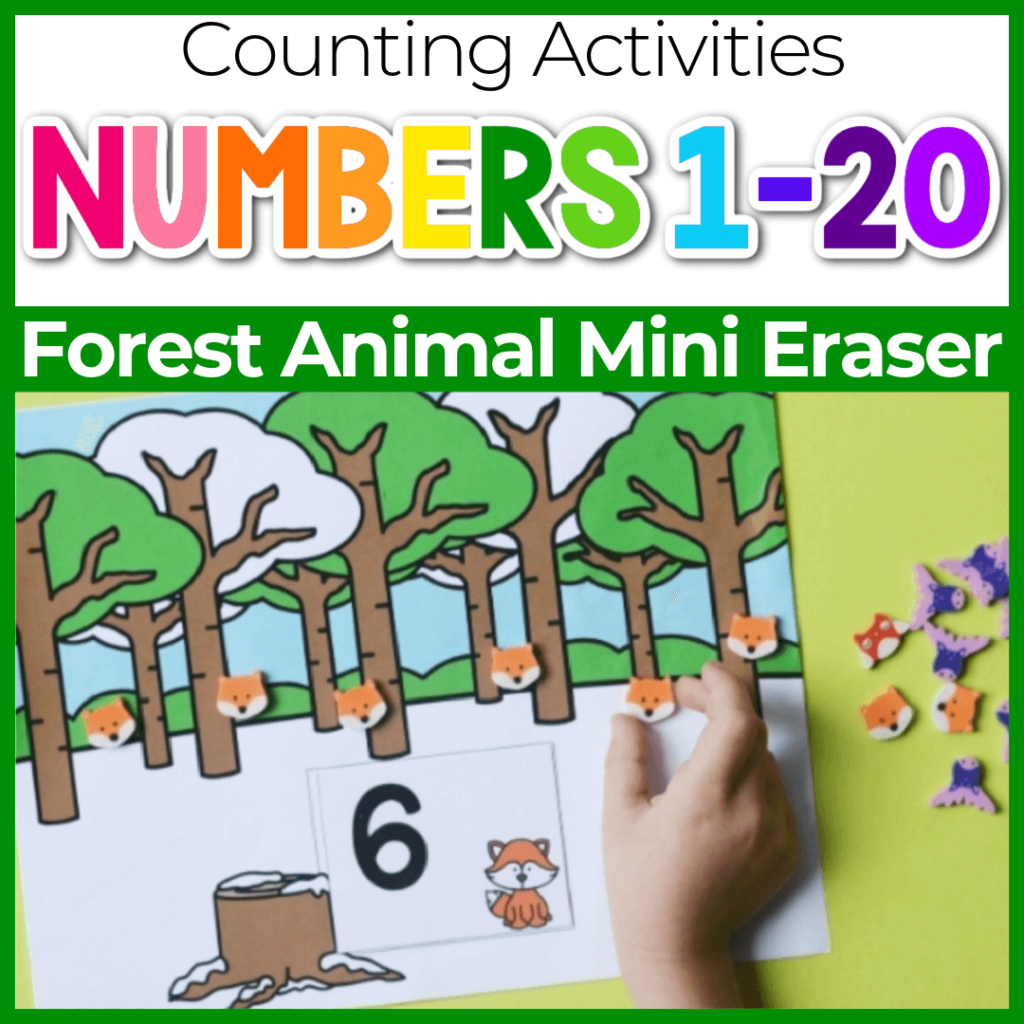 Forest animal mini eraser counting activity mats for numbers 1-20