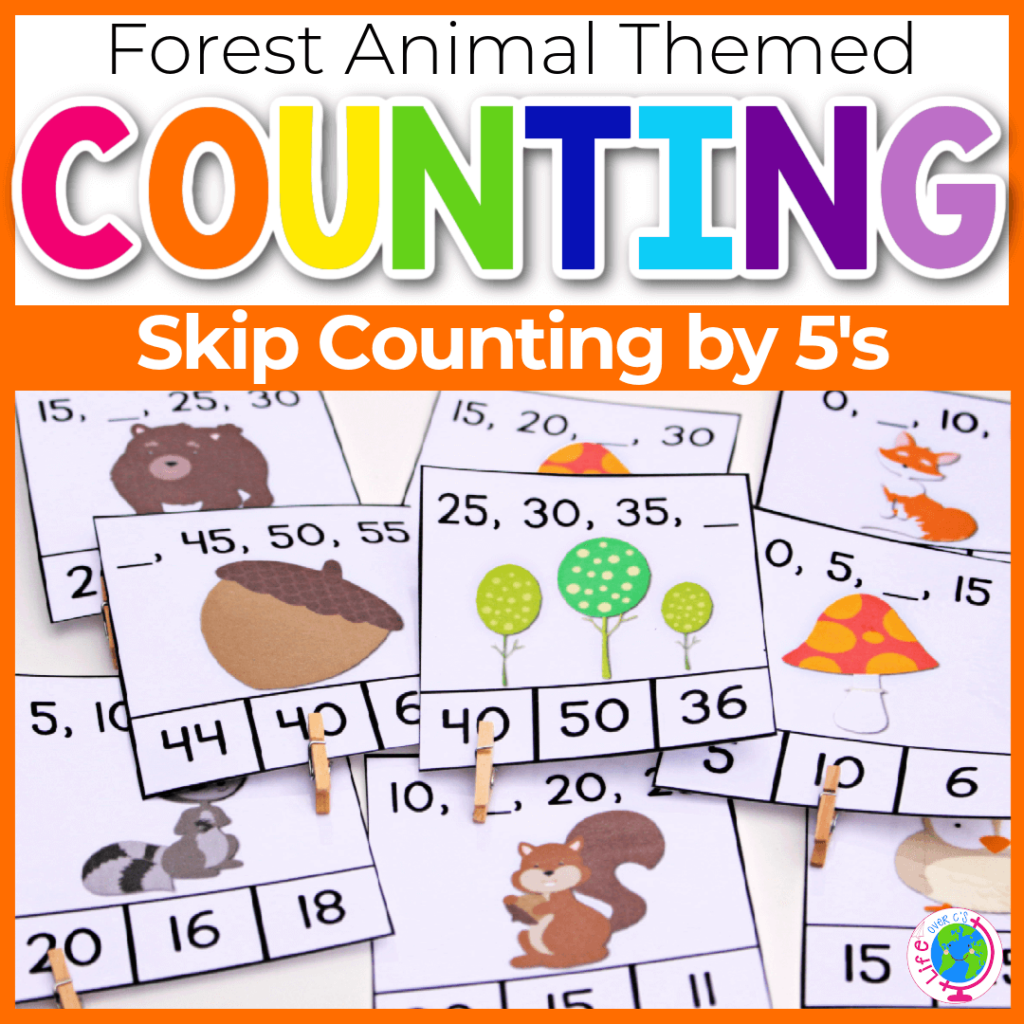 Skip counting by 5's clip card game for kindergarten with forest animal theme