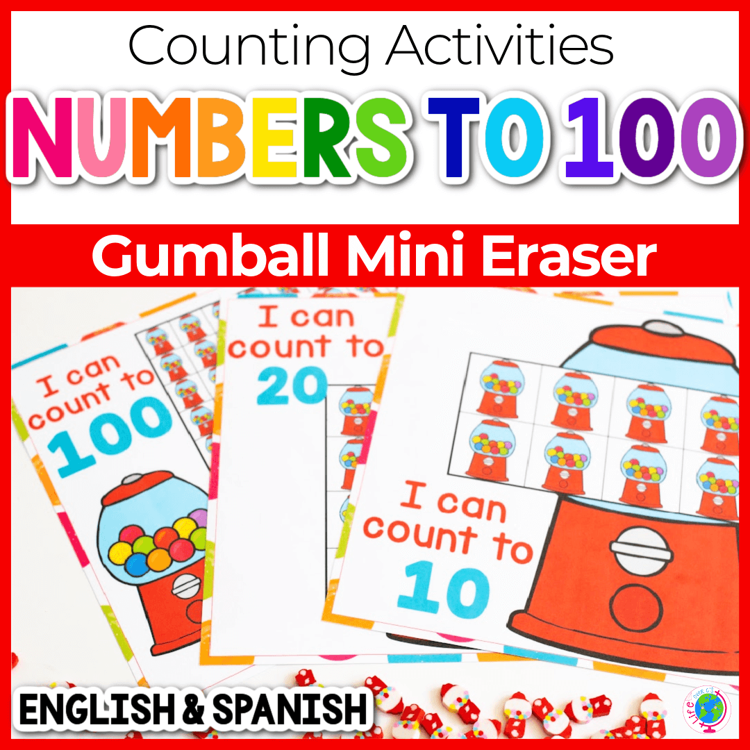 Counting activities numbers to 100 in English and Spanish for kindergarten with gumball mini eraser theme