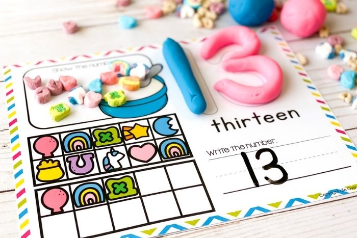 marshmallow theme ten-frame counting mats for teen numbers in English and Spanish