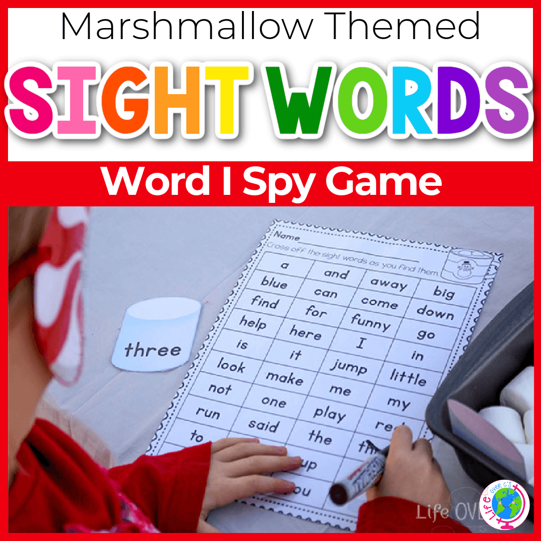 Kindergarten sight words sensory bin I spy game with marshmallow theme