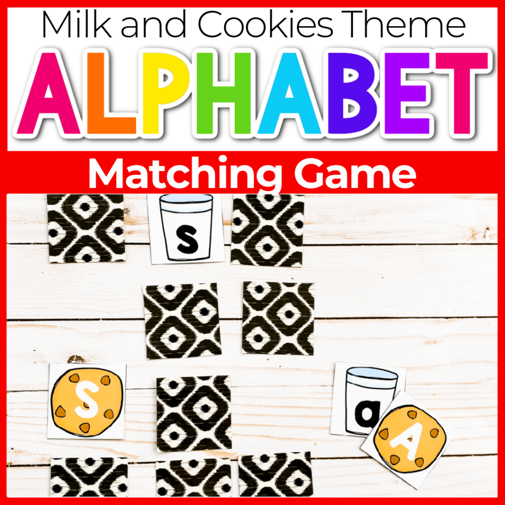 Alphabet matching game for kindergarten and preschoolers with a milk and cookies theme.