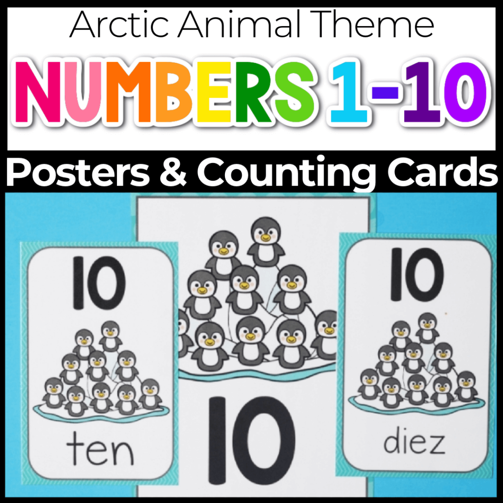 Number 1-10 posters for preschool students with winter arctic animal theme in English and Spanish