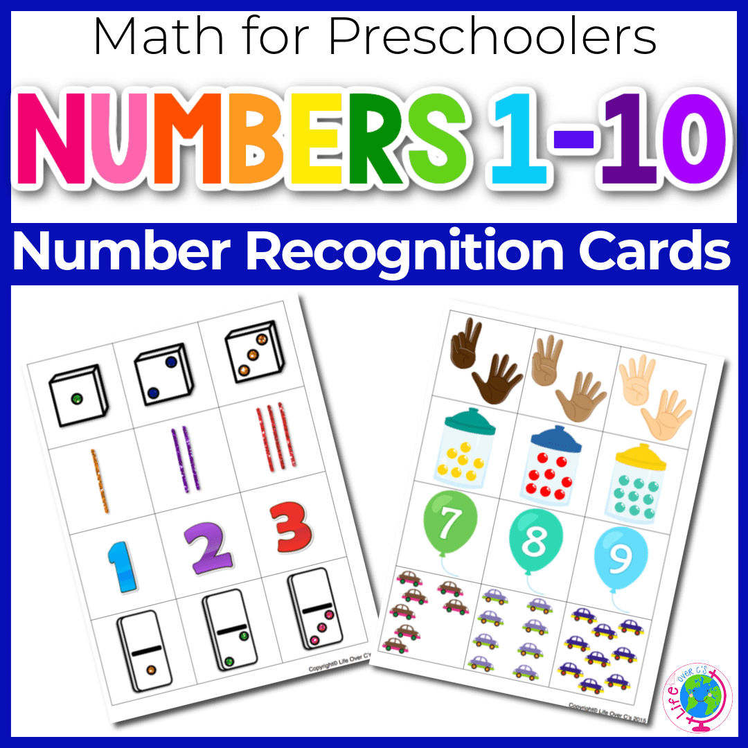 Number recognition cards for preschool and kindergarten with math theme.