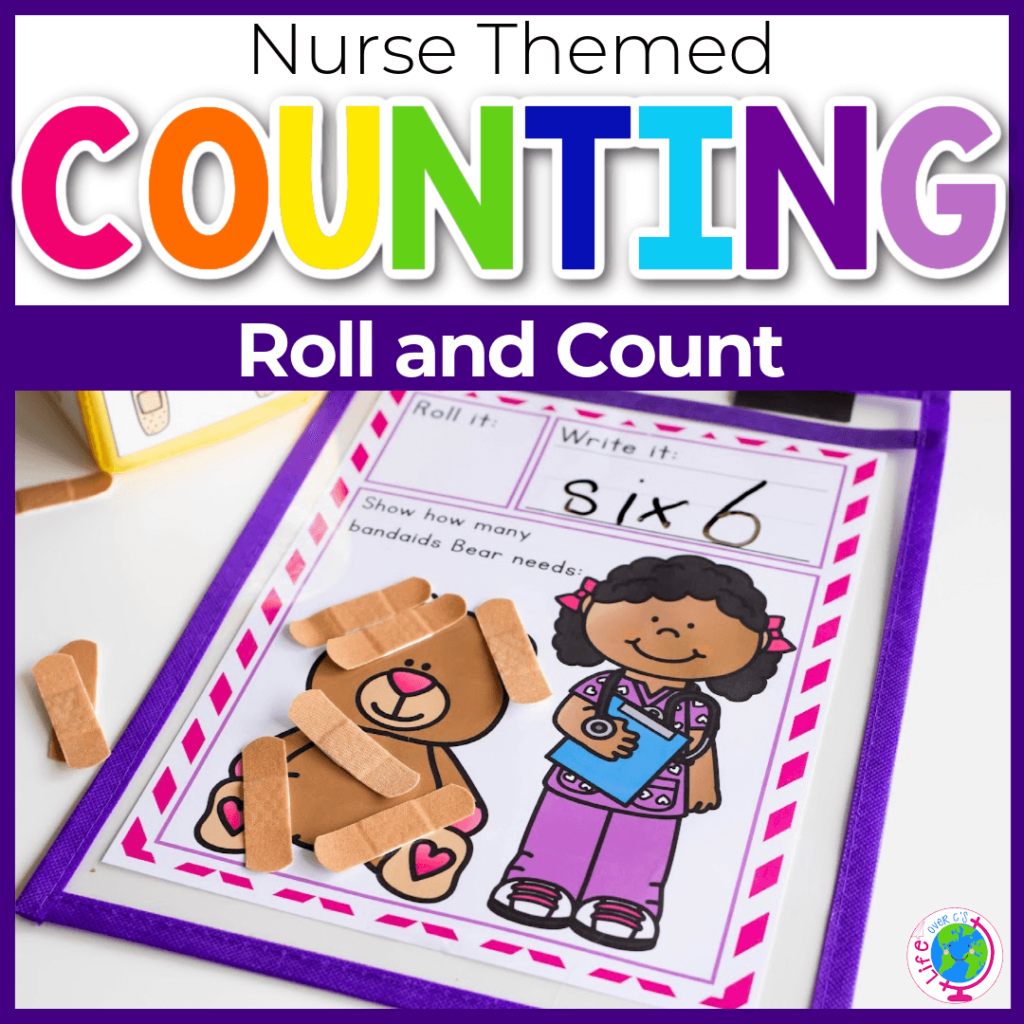 Roll and count counting activity with nurse theme