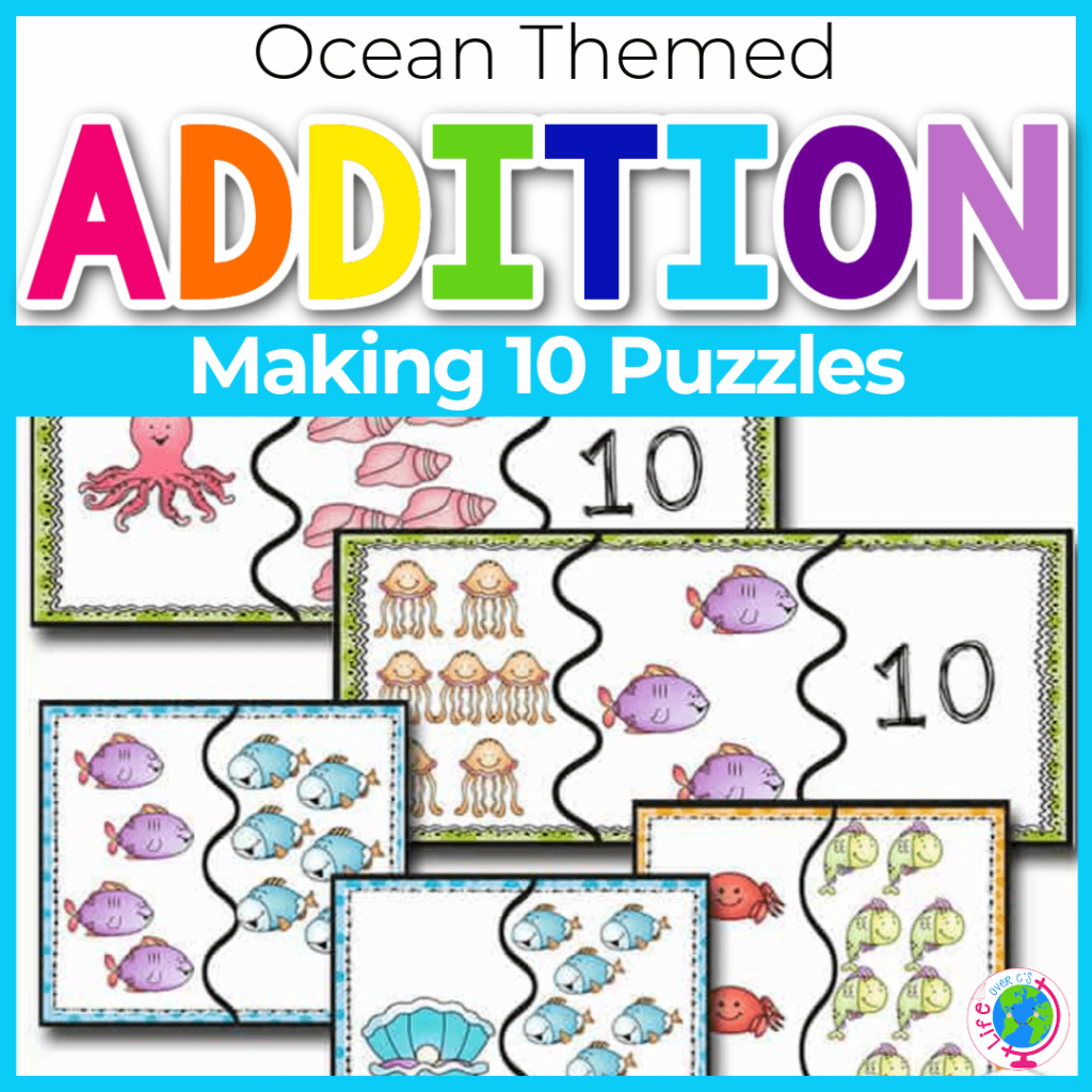 Ocean theme making 10 puzzles for practicing addition to ten.