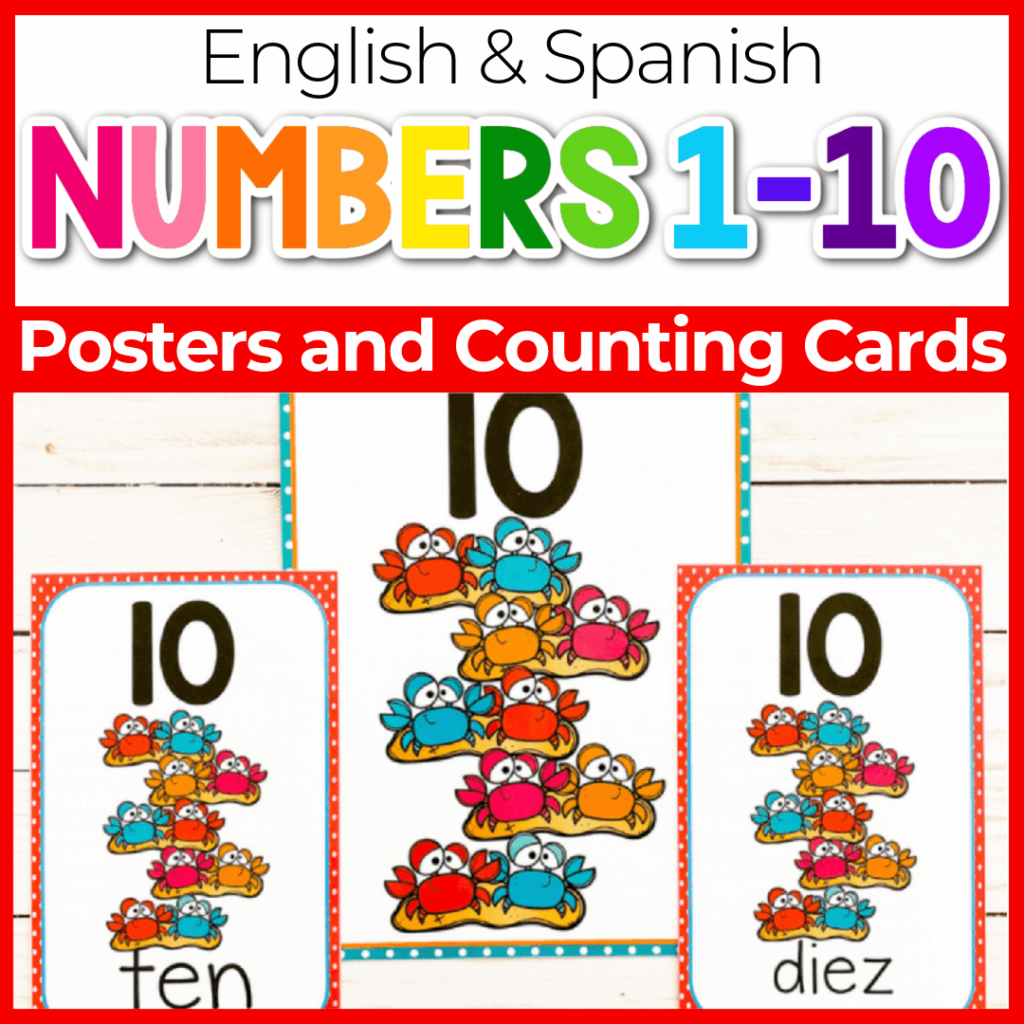 English and Spanish counting posters and cards for kindergarten with summer crab theme.