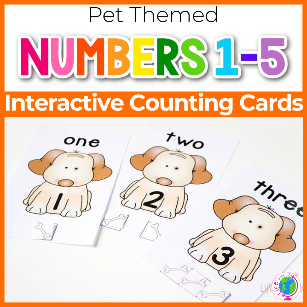 Pet themed numbers 1-5 counting cards for preschool