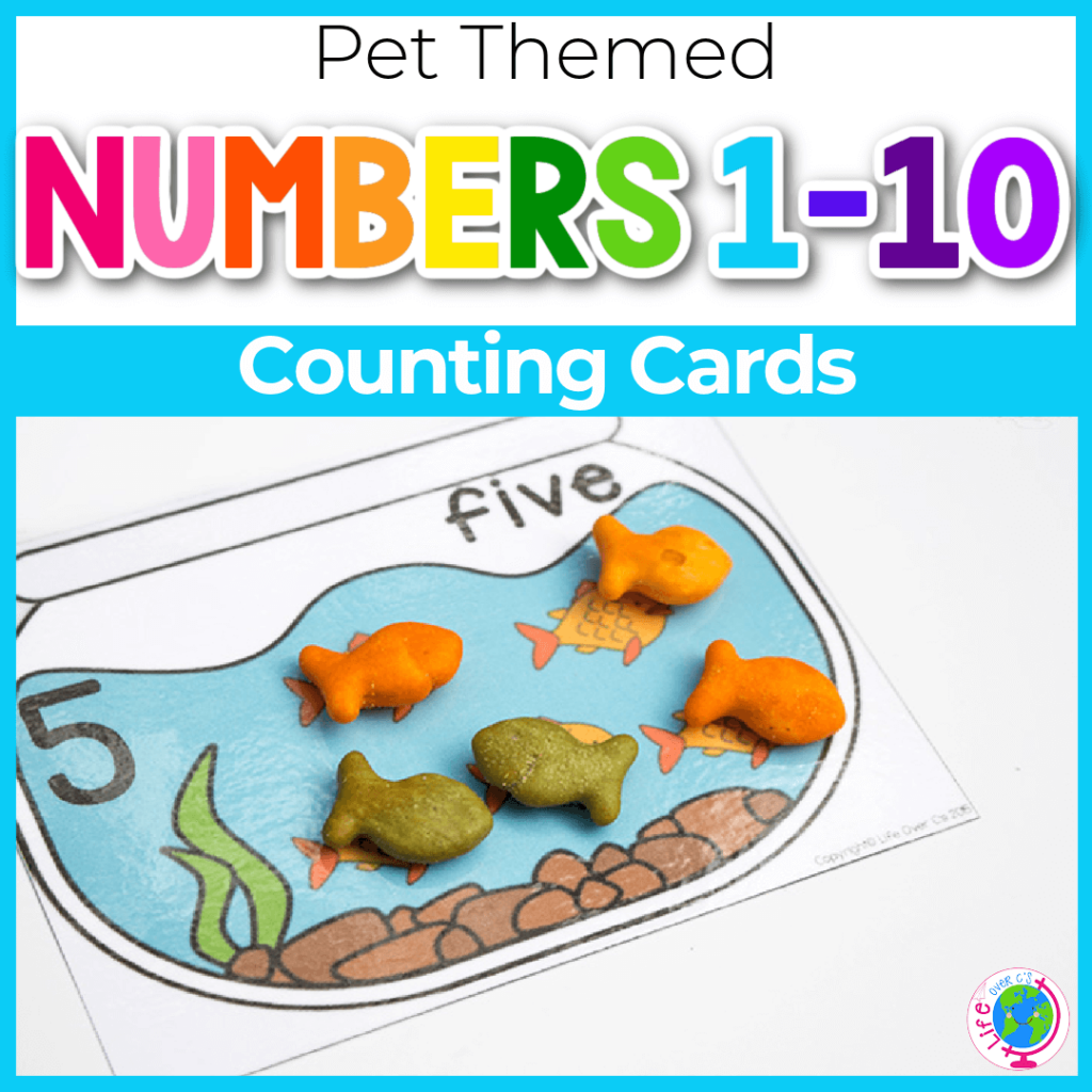 Pet themed counting cards for numbers 1-10 for preschool and kindergarten