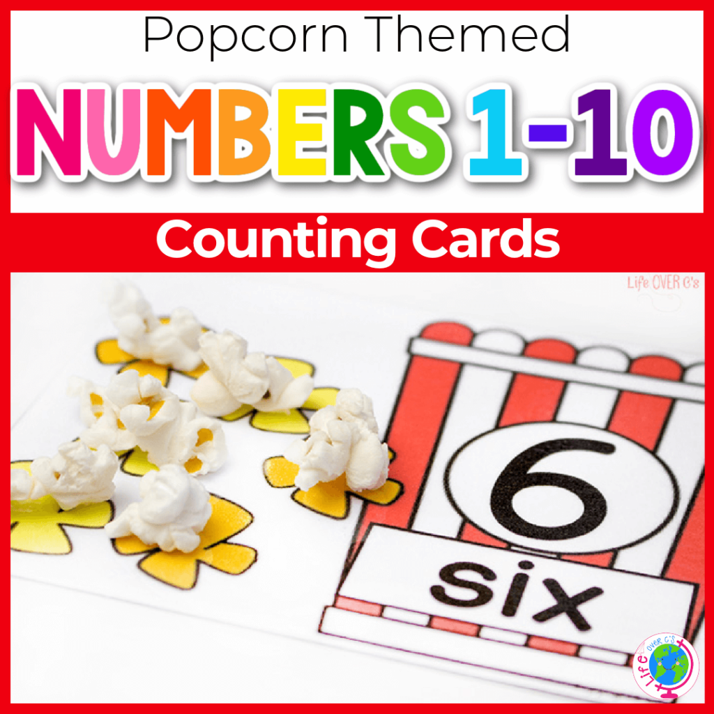 Popcorn themed cards to practice counting numbers 1-10.