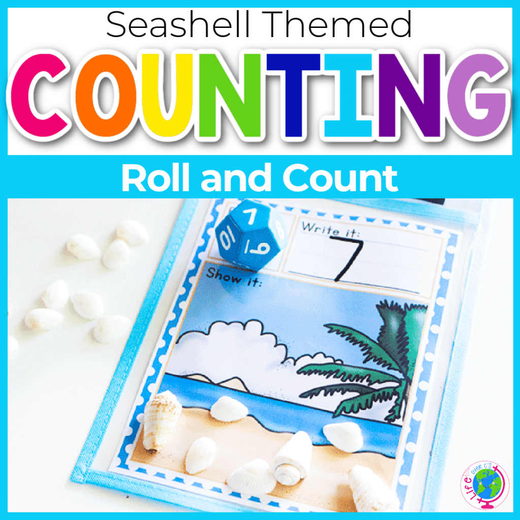 Roll and count counting activity with seashell summer theme