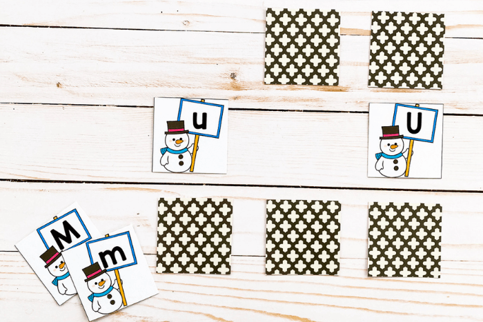 This snowman alphabet matching game can be played like traditional memory.