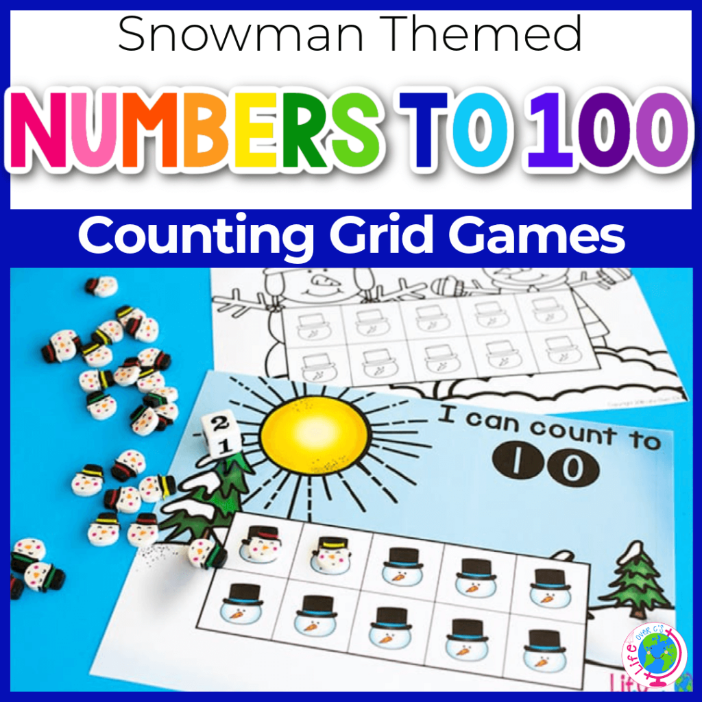 Snowman winter counting grid game with numbers 1-100