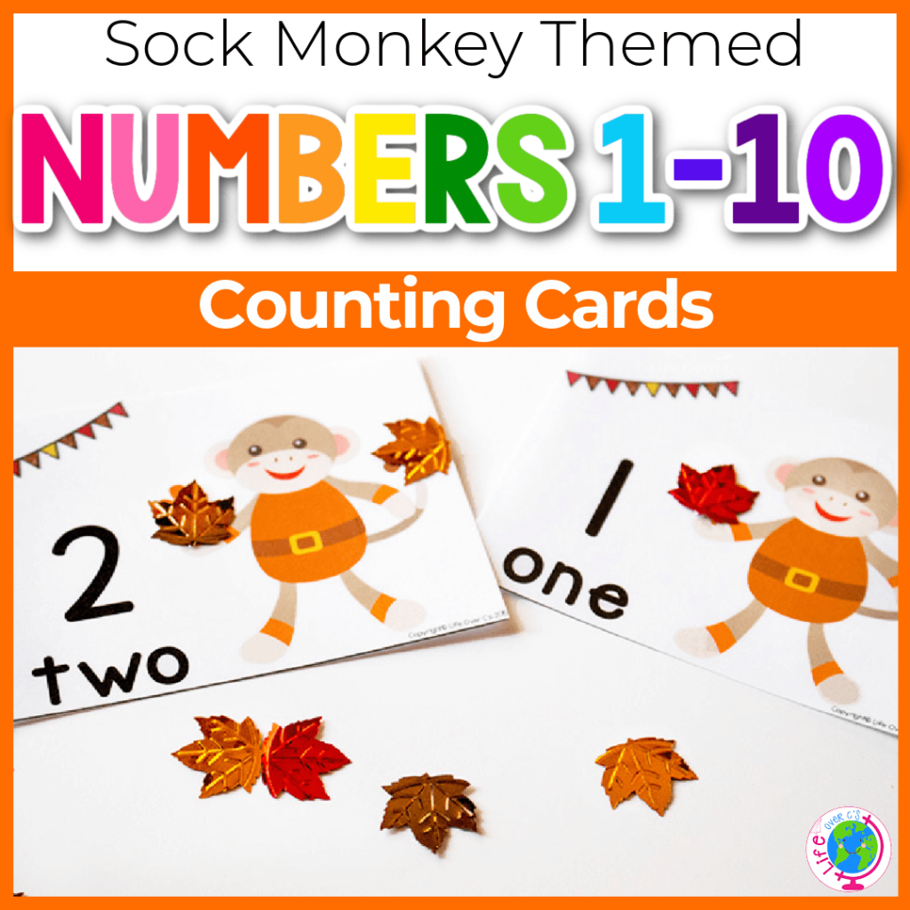 Fall sock monkey counting cards for preschool and kindergarten.