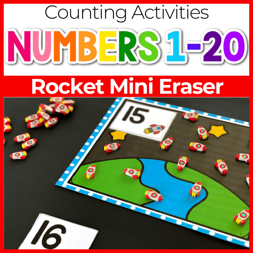 Counting 1-20 activities for kindergarten with space rocket mini eraser theme.