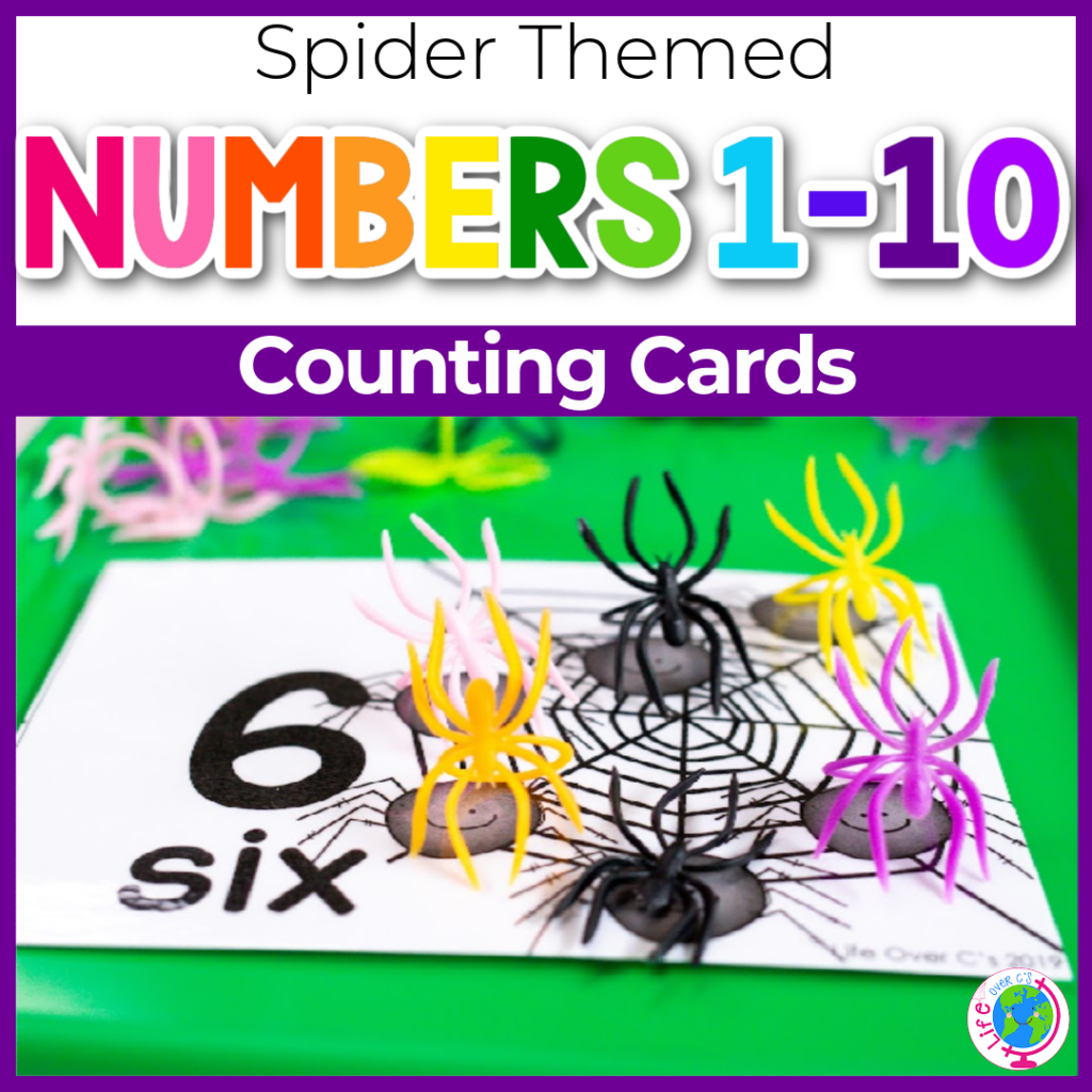 Spider themed counting cards for numbers 1-10 for preschool and kindergarten