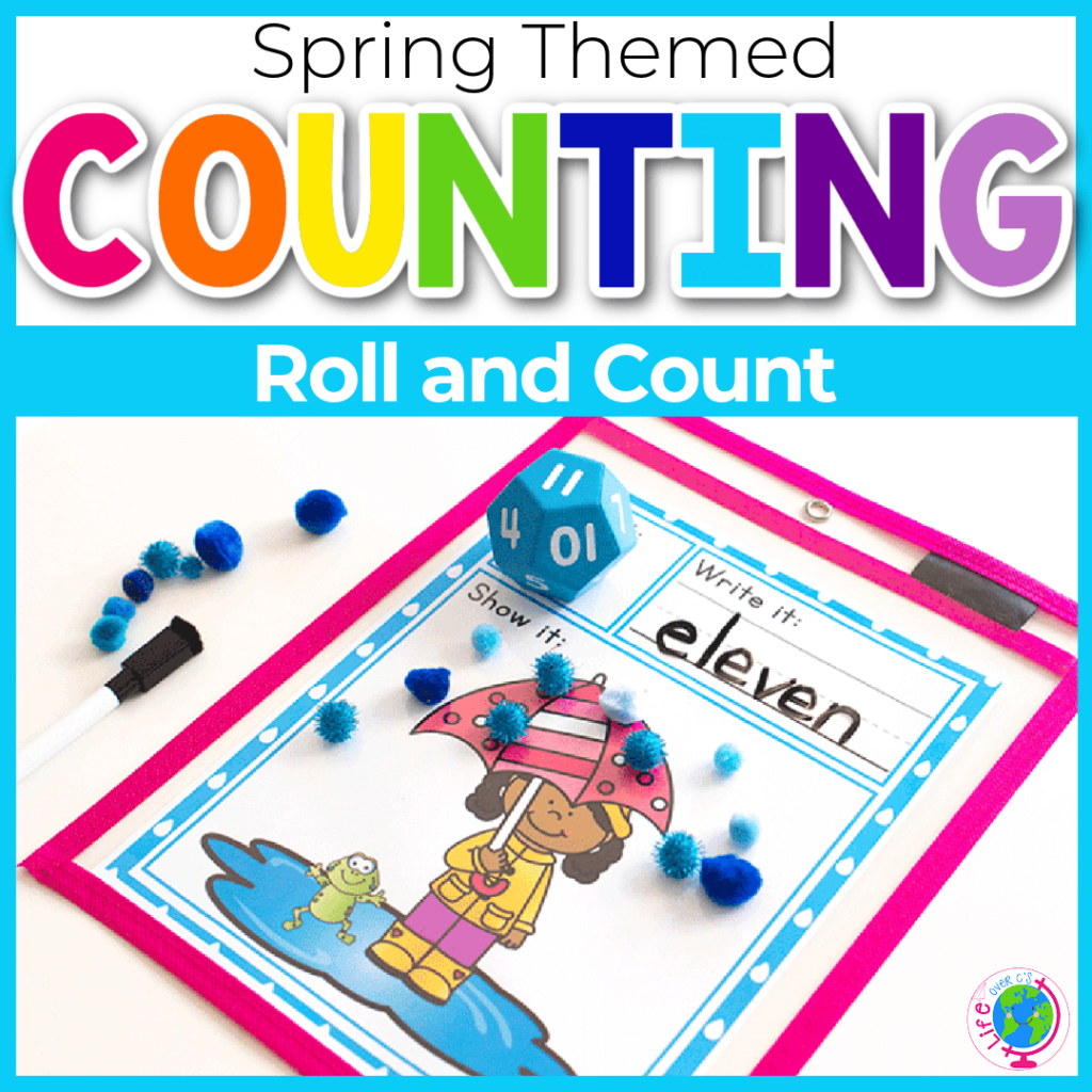 Roll and count numbers activity with spring theme