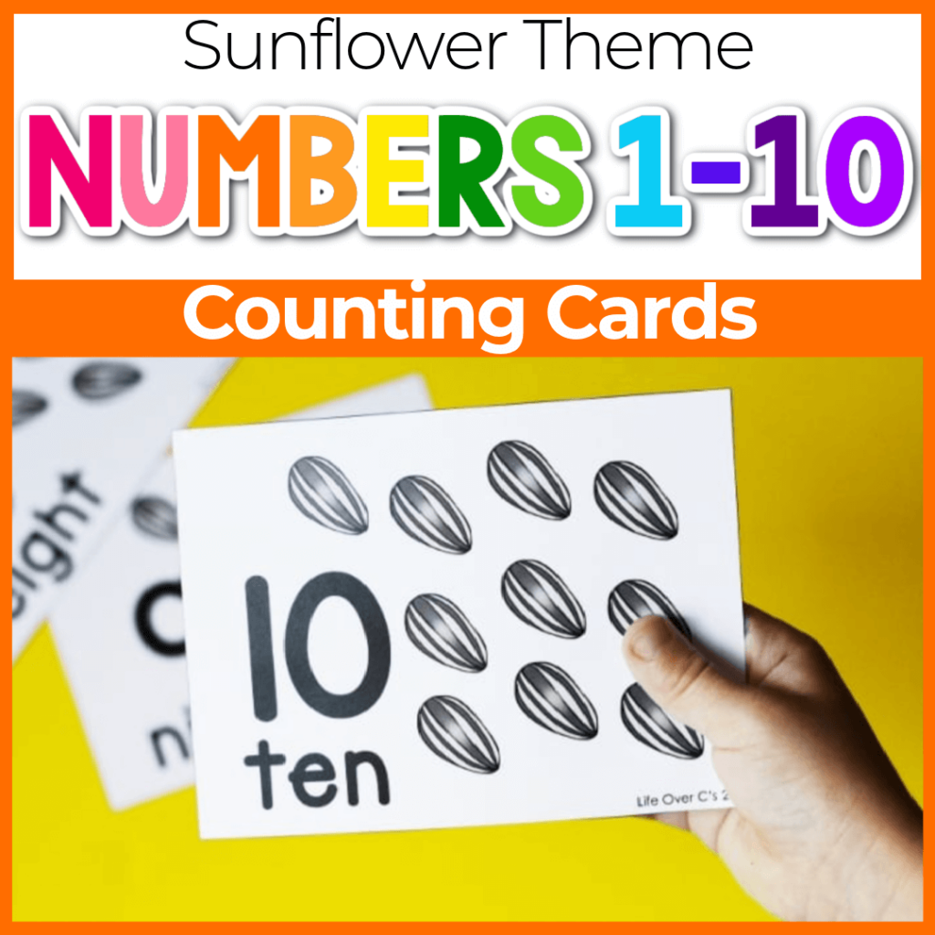 Sunflower themed counting cards for numbers 1-10 for use with preschool and kindergarten