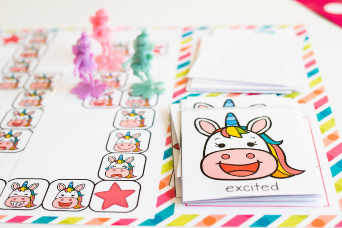Emotions board game for social emotional skills with unicorn theme