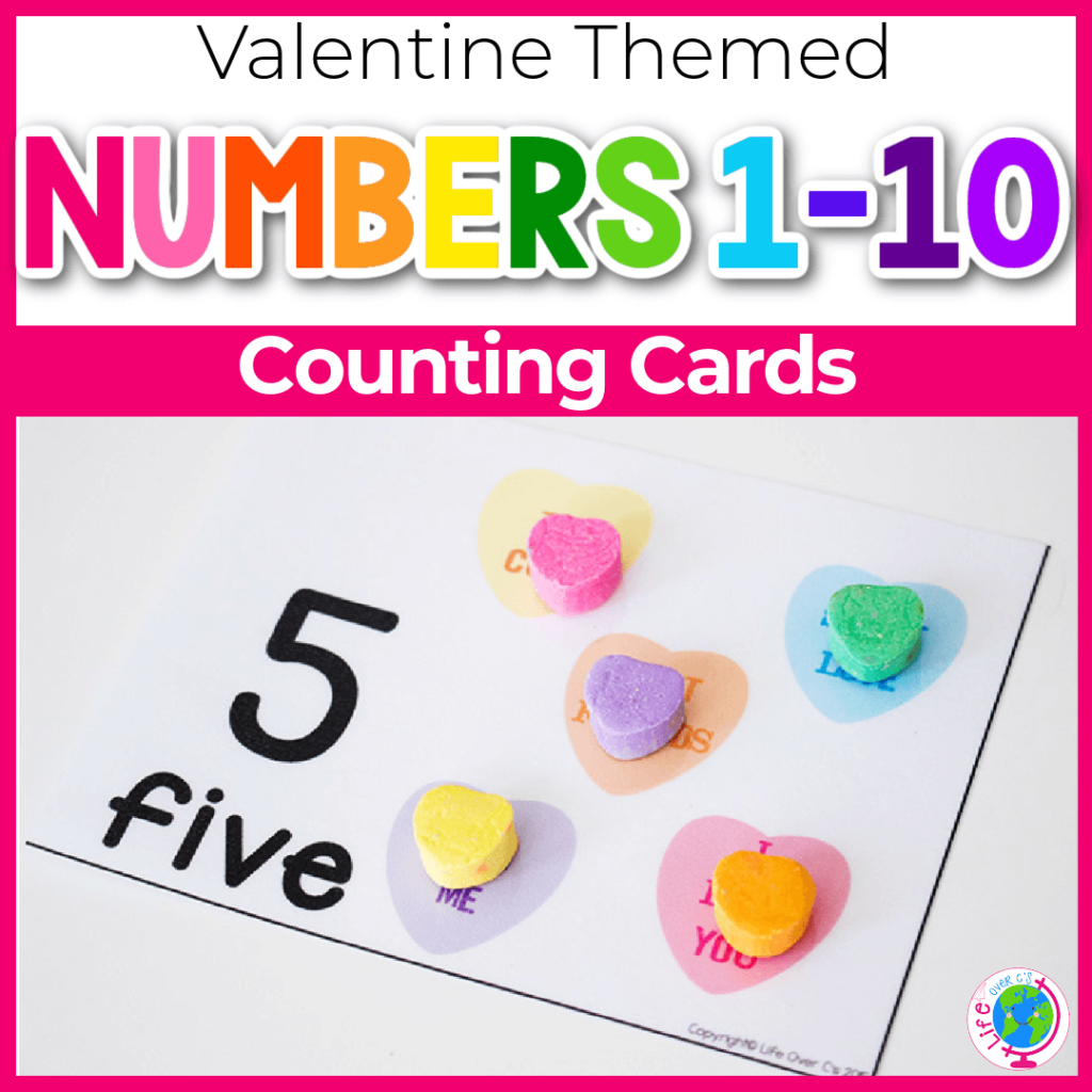 Valentine's Day themed counting cards using conversation heart candies for preschool and kindergarten