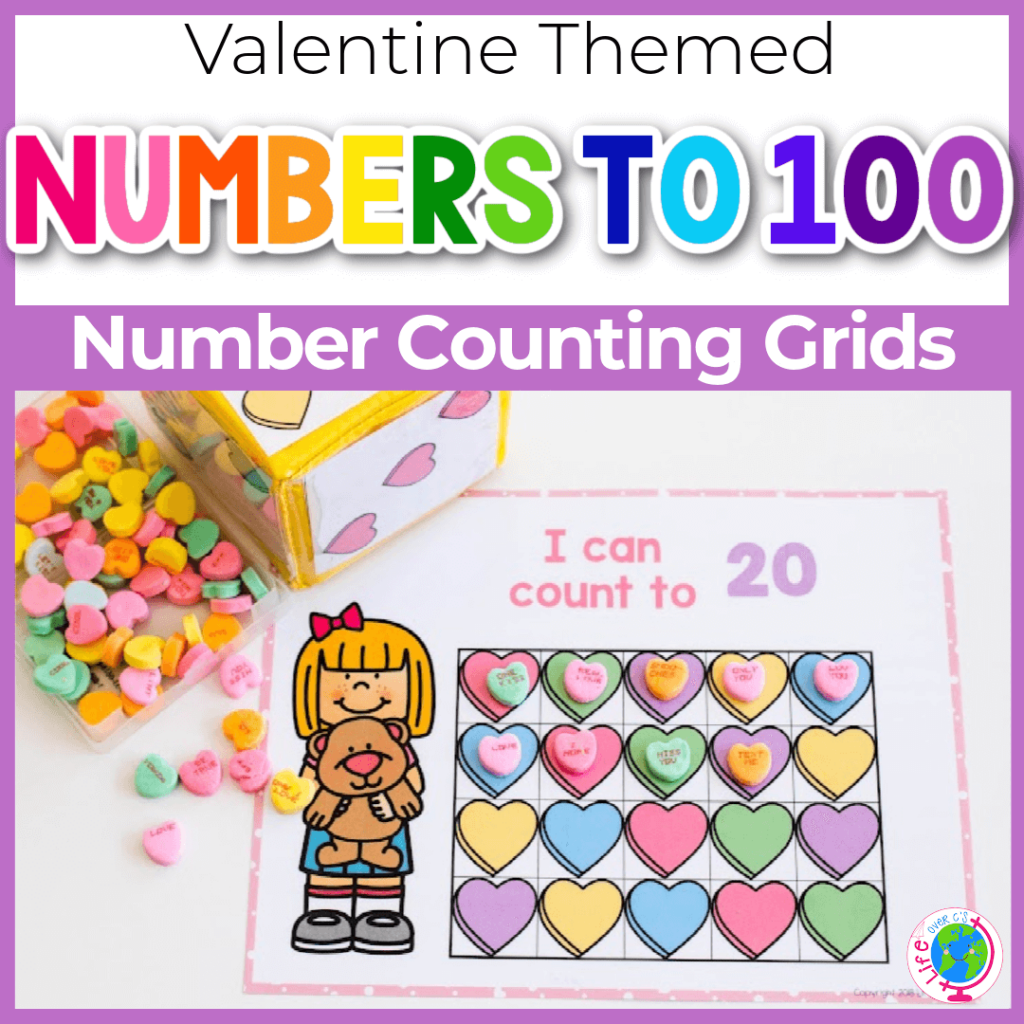 Valentine counting grids for numbers to 100