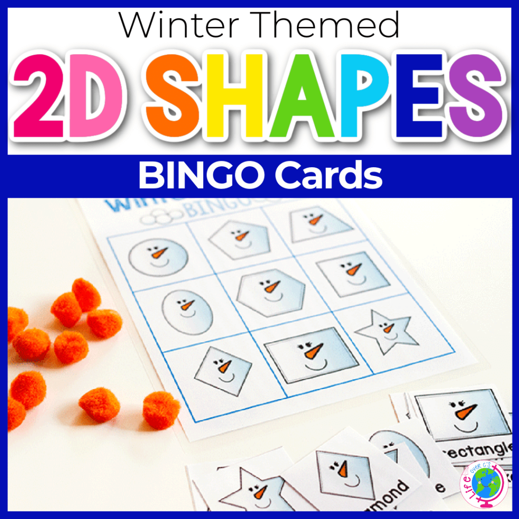Winter themed 2D shapes Bingo game for kindergarten or preschool.