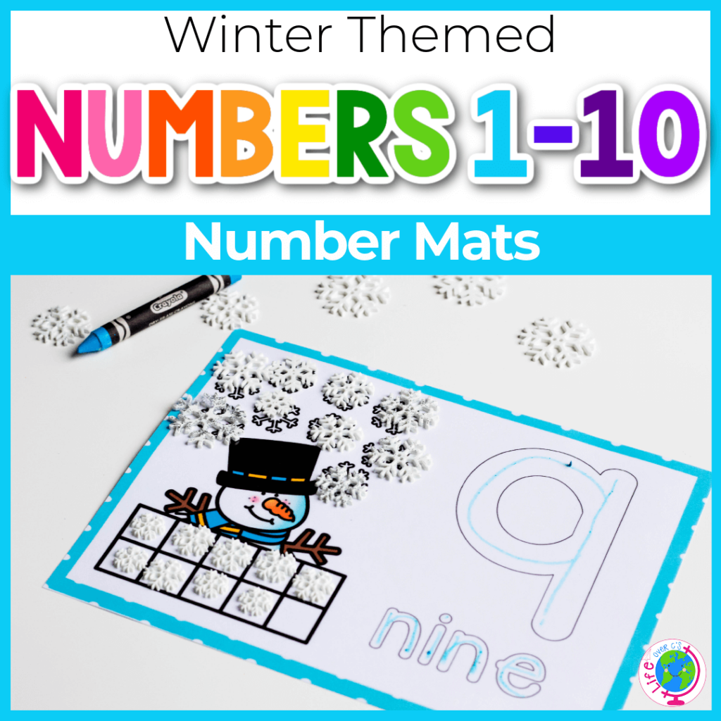 Winter snowman counting grids for numbers 1-10
