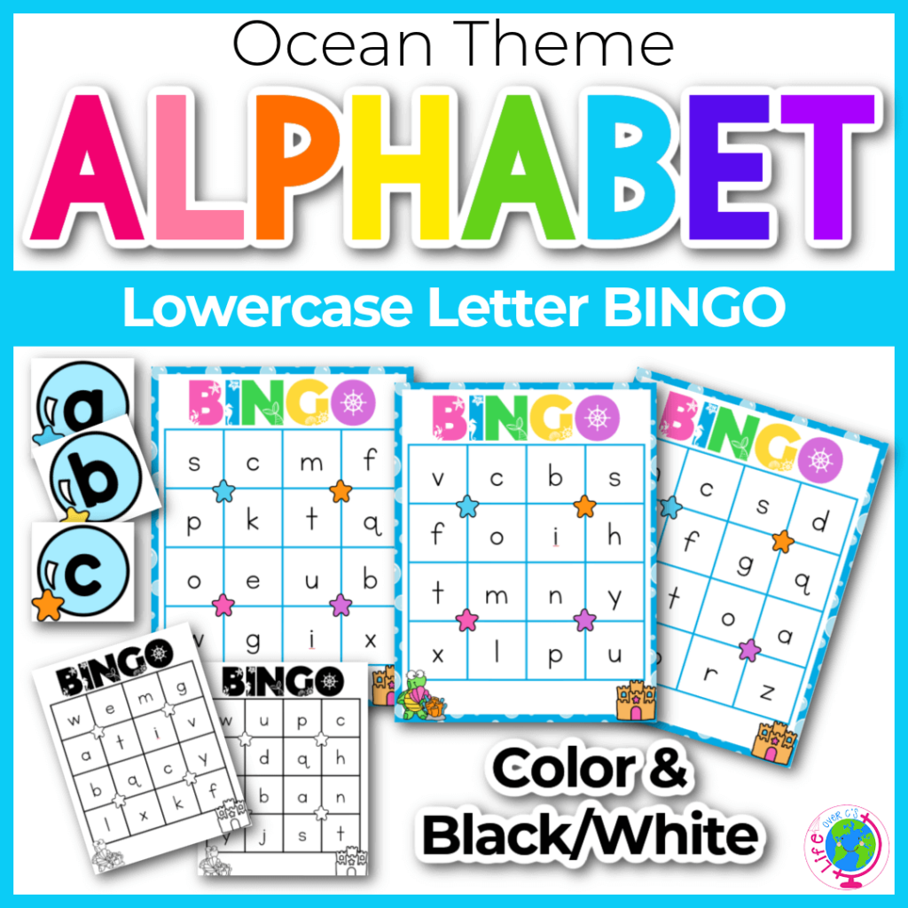 Lower case letter alphabet bingo for kindergarten with ocean theme.