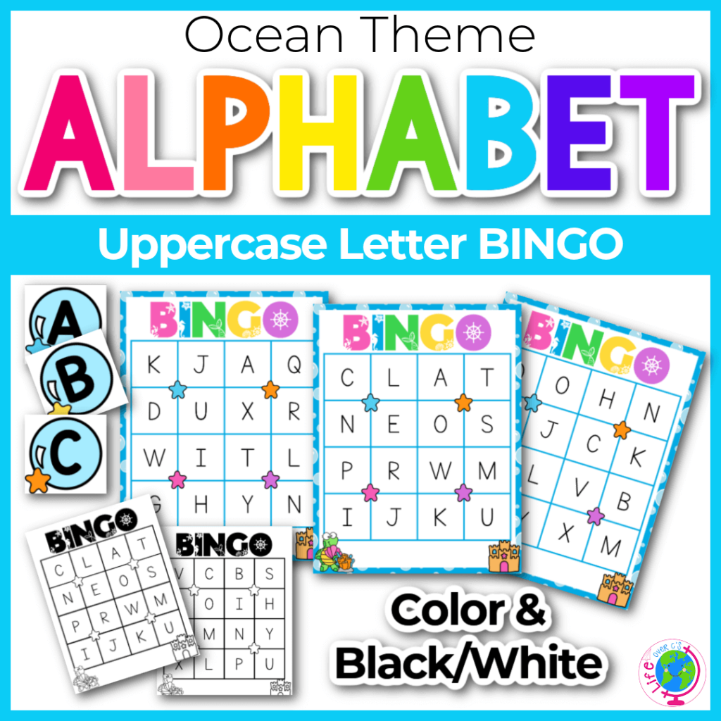 Uppercase letters alphabet bingo game for kindergarten with ocean theme.