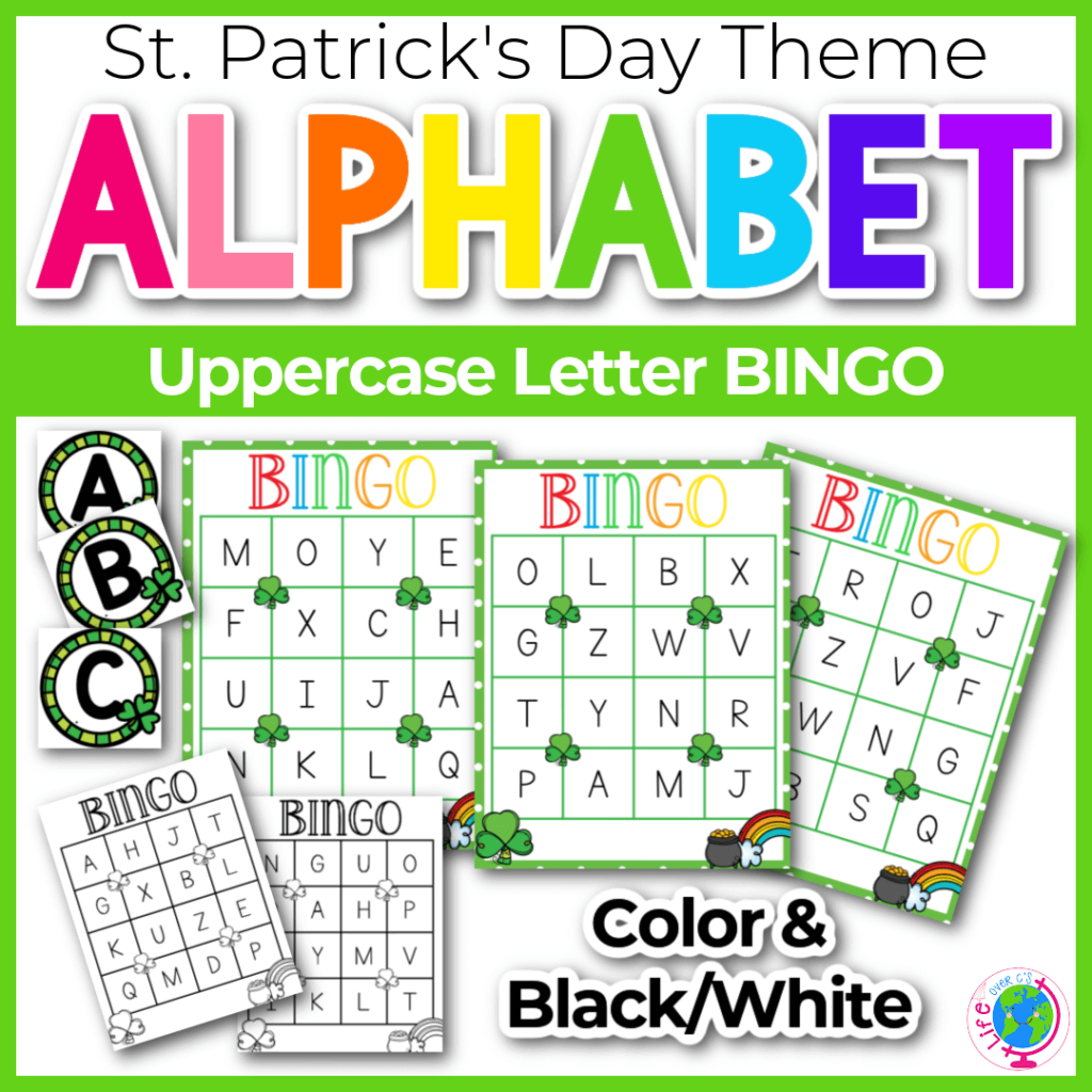St. Patrick's Day uppercase alphabet BINGO game for preschool students