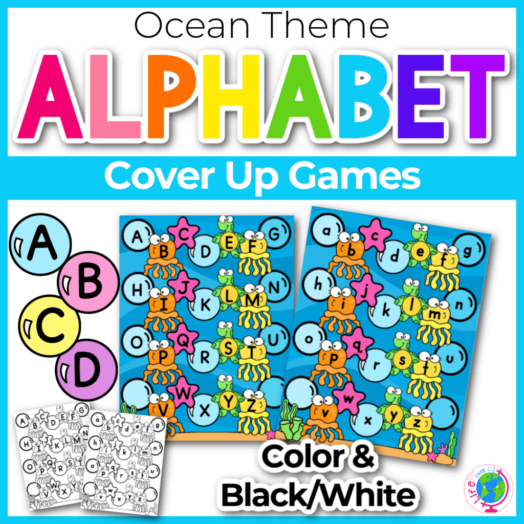 Learn the alphabet cover up letters game for kindergarten with ocean theme.