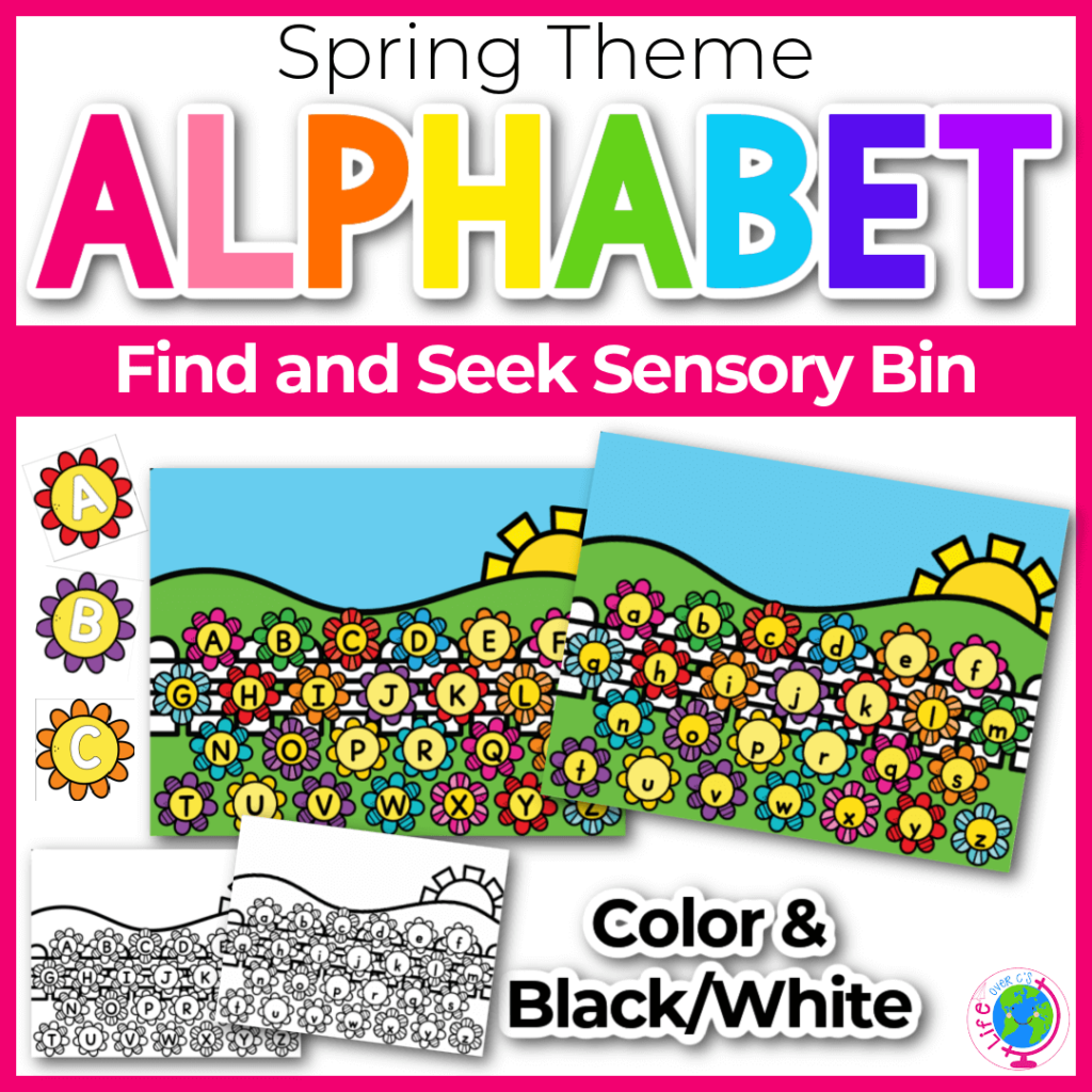 Alphabet find and seek sensory bin activity with spring theme