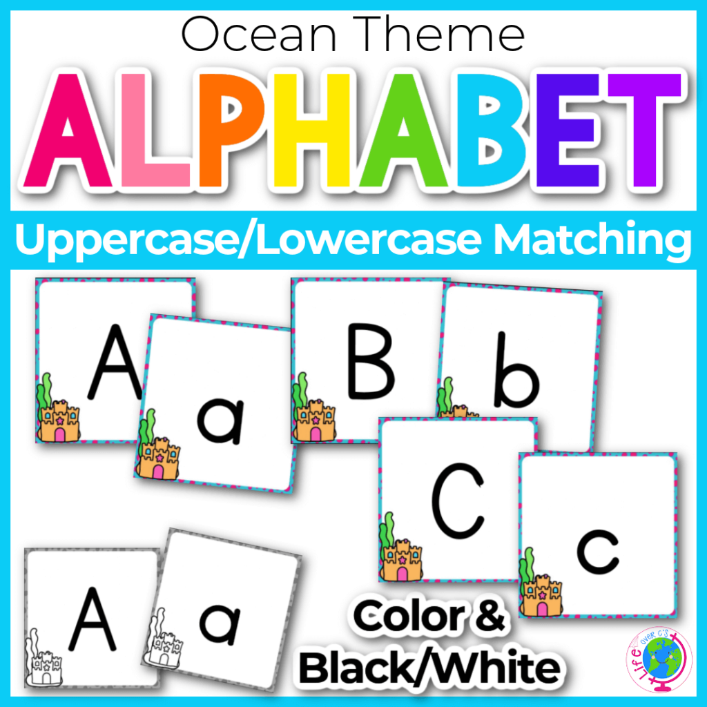 Ocean alphabet uppercase and lowercase matching game for preschool and kindergarten students