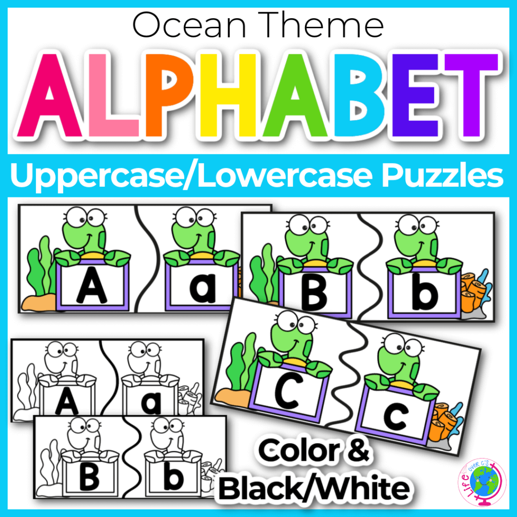 Uppercase and lowercase alphabet puzzles for kindergarten with ocean theme.